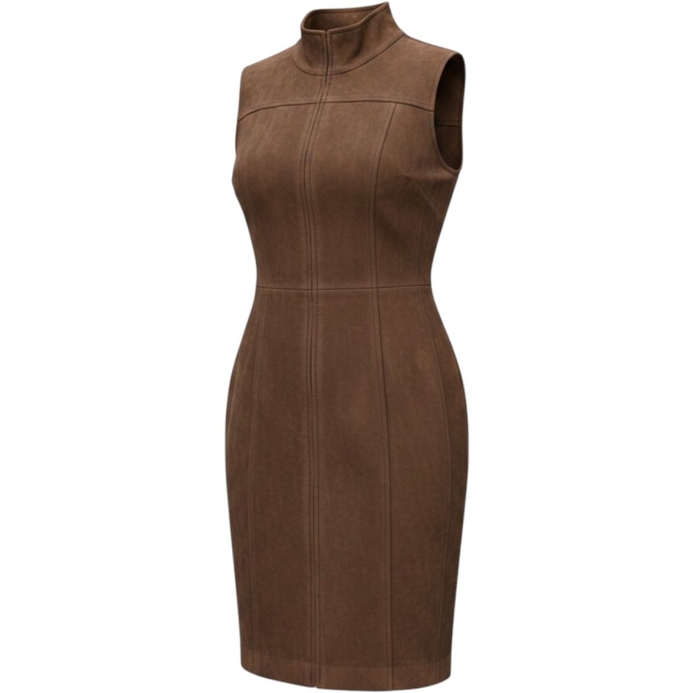 Tommy Hilfiger Brown Faux Suede Sleeveless Zip Front Mock Neck Sheath Dress 8
